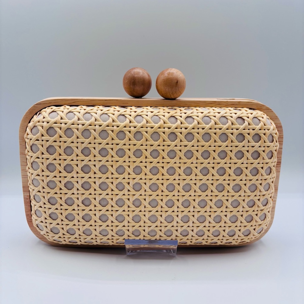 Women’s Cane Webbing Woven Wooden Frame Structured Clutch Natural Beige